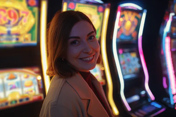 A glamorous woman holding casino chips in a neon-lit environment, representing the premium online casino atmosphere of GGGJL.